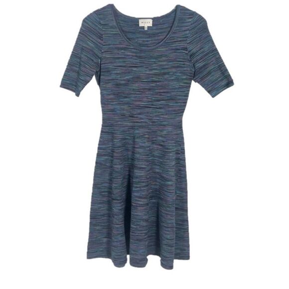 Milly Dress Space Dyed Fit & Flare Blue Knit Stretch Scoop Neck Short Sleeve S - Picture 4 of 9